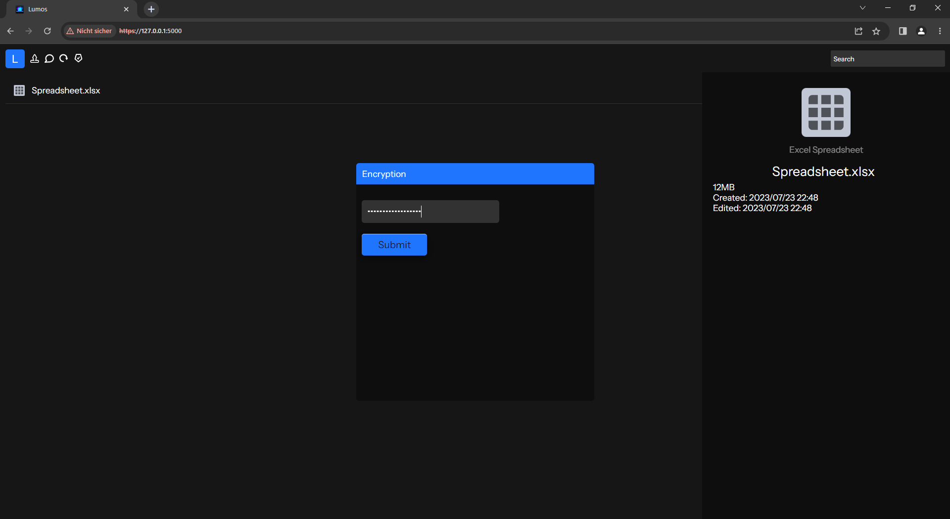A screenshot of the Lumos encryption menu